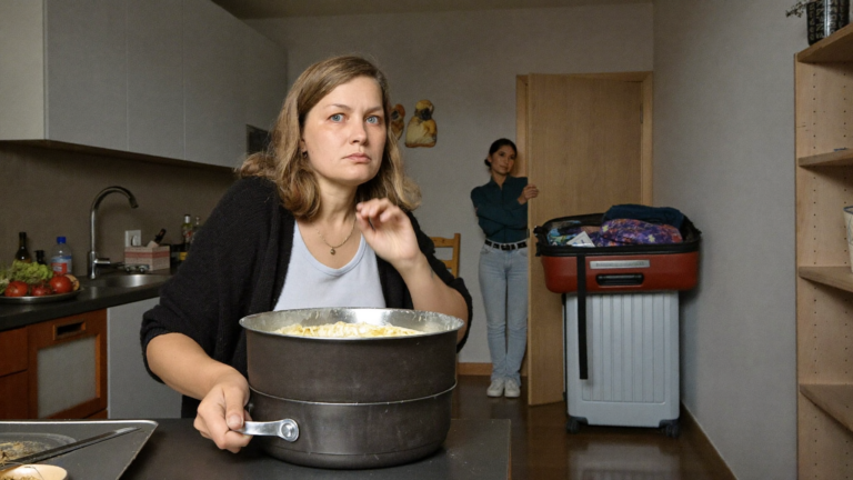 Женщина на кухне с кастрюлей супа и собранным чемоданом