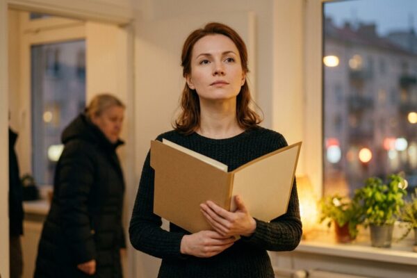 Женщина с поднятым подбородком и горящим твёрдым взглядом держит открытую картонную папку с документами, свекровь в пальто размытой фигурой у двери
