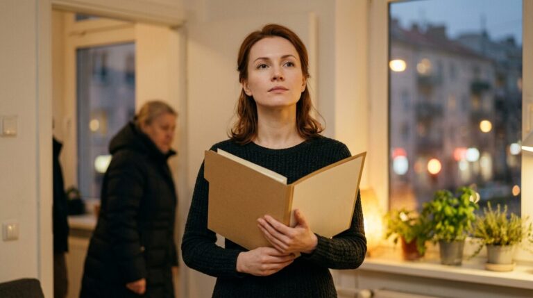 Женщина с поднятым подбородком и горящим твёрдым взглядом держит открытую картонную папку с документами, свекровь в пальто размытой фигурой у двери